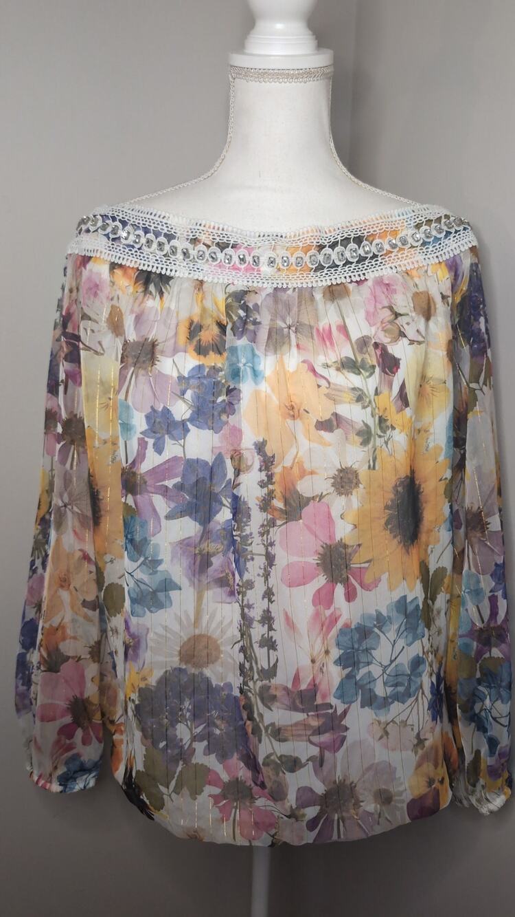 Boston Proper Floral Off Shoulder Blouse XL Boho Romantic Spring Top